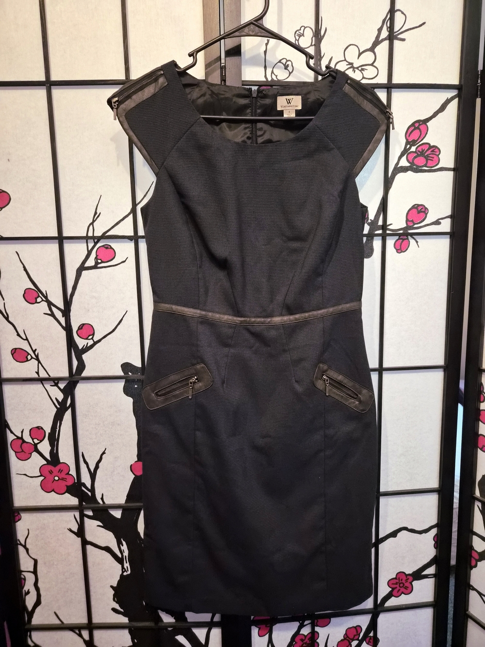 Worthington Faux Leather Trim Sheath Dress Navy Black Houndstooth Size 4